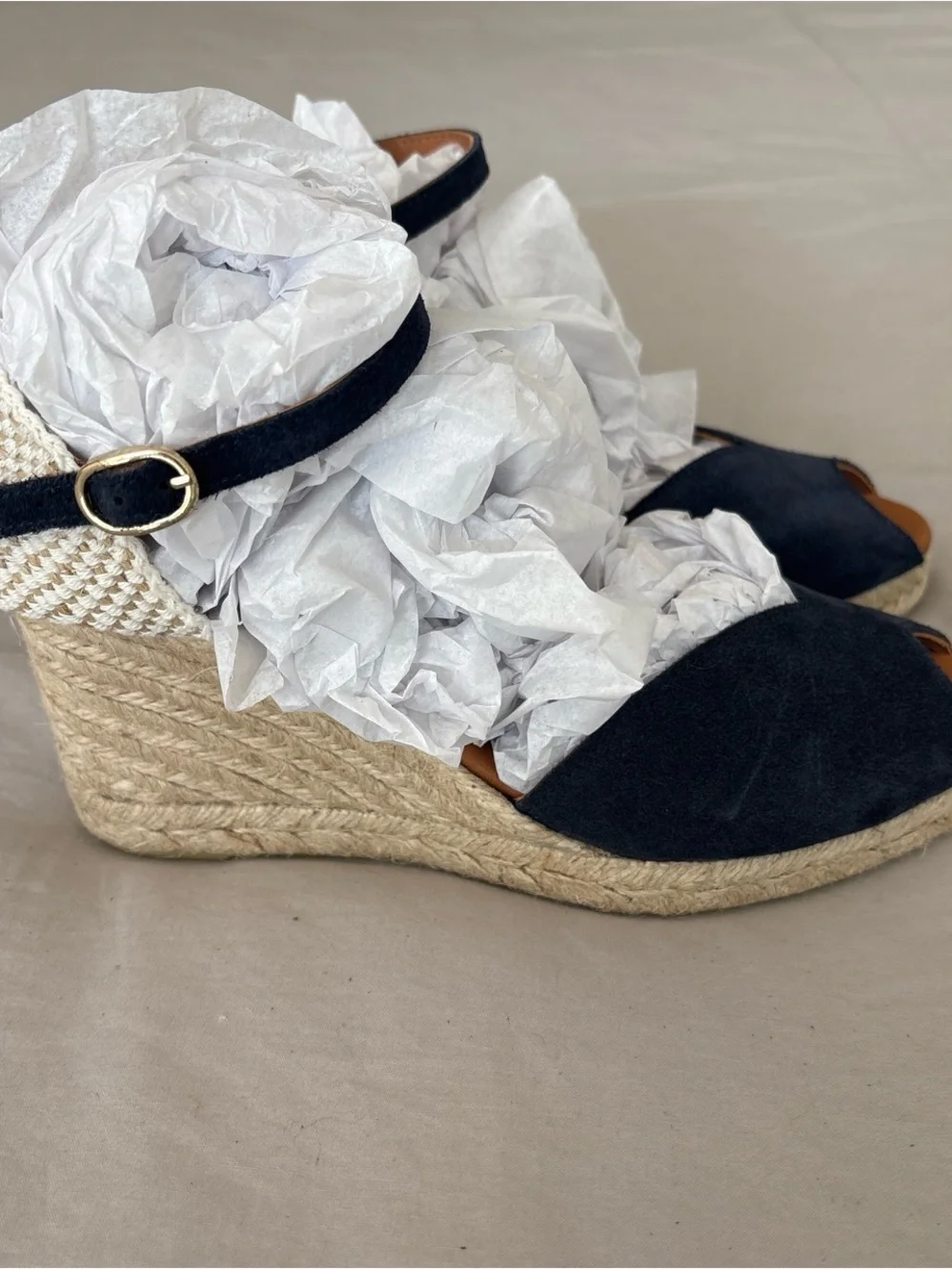 Navy Blue Espadrille Wedge Sandals with Ankle Strap